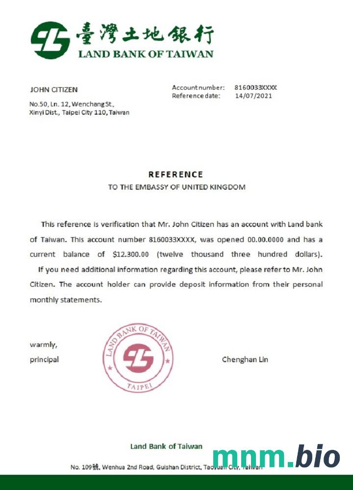 Tajwański bank ziemi Tajwanu przykład odniesienia w formatach Word i PDF